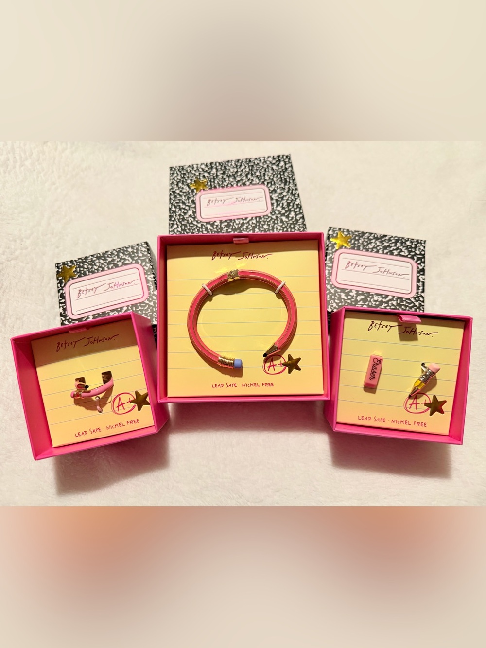 Betsey Johnson Pink Pencil Bangle, Pencil Wrap Ring & Eraser-Pencil Studs NEW